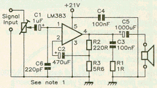 Maplin's LM383 power amp circuit